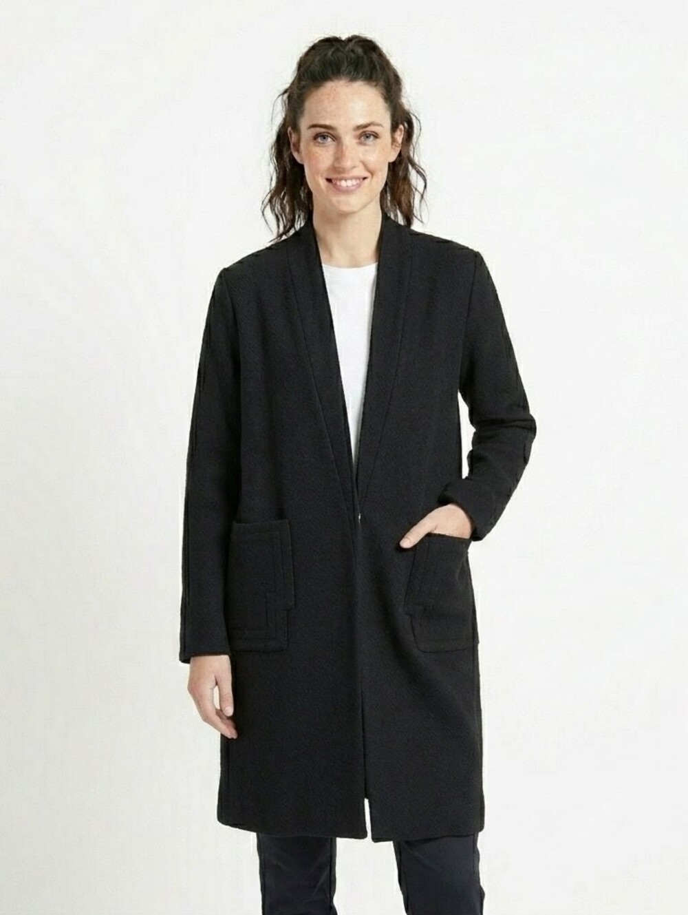 VHNY Vivienne Hu New York Black 100% Wool Textured Minimalist Duster Coat Large